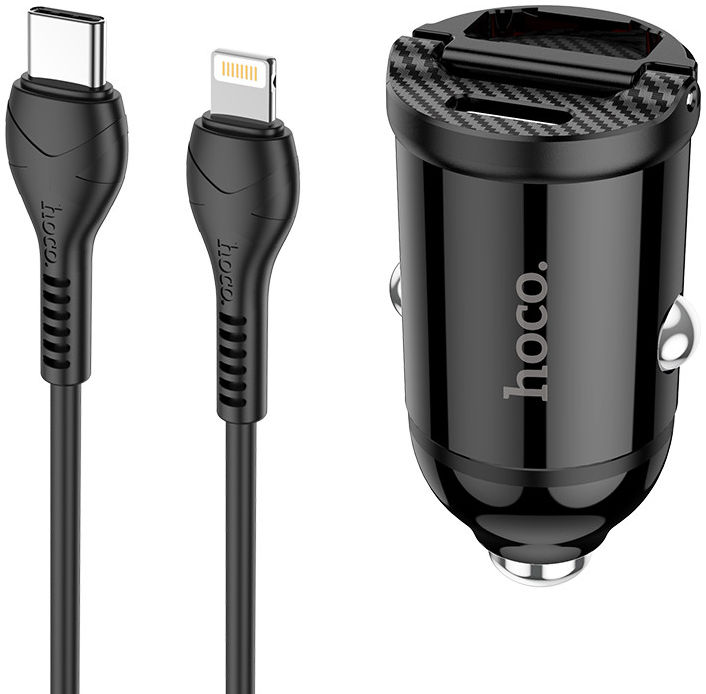 Hoco Dubbele 30W PD Autolader + USB-C naar Lightning kabel Zwart afbeelding 1