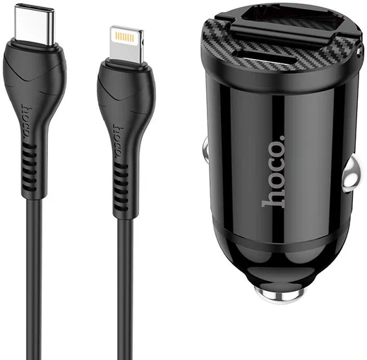 Hoco Dubbele 30W PD Autolader + USB-C naar Lightning kabel Zwart afbeelding 1
