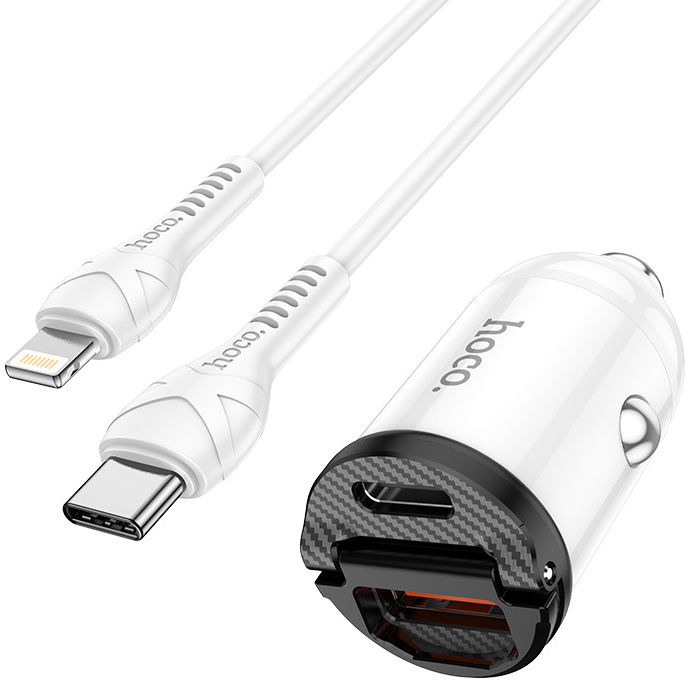 Hoco Dubbele 30W PD Autolader + USB-C naar Lightning kabel Wit afbeelding 1