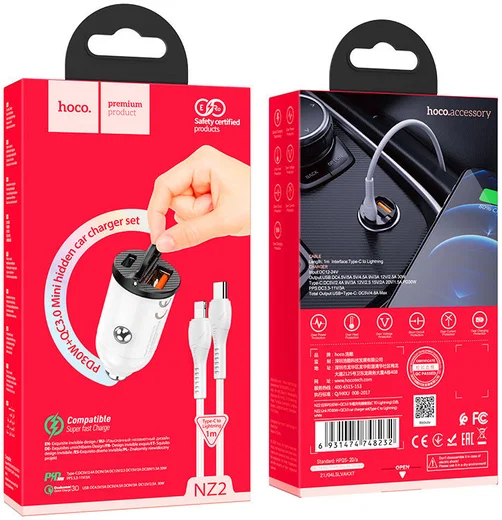 Hoco Dubbele 30W PD Autolader + USB-C naar Lightning kabel Wit afbeelding 6
