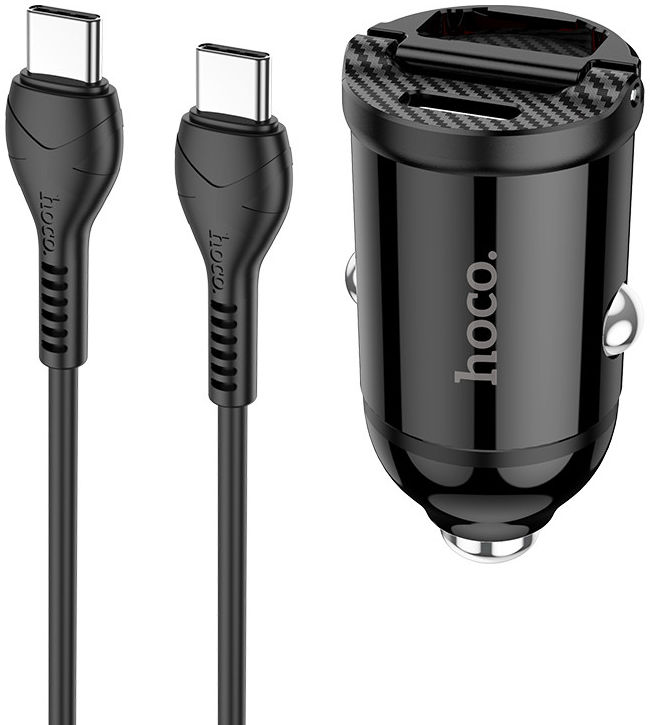 Hoco 4.8A Auto Snellader 30W met QC en PD 3.0 + USB-C Kabel 1M Zwart afbeelding 1