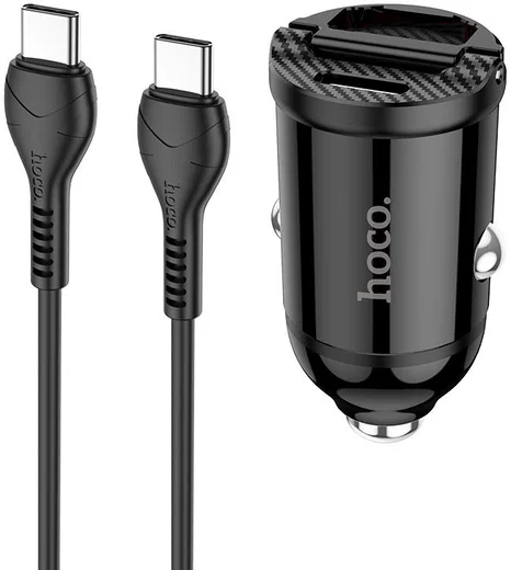 Hoco 4.8A Auto Snellader 30W met QC en PD 3.0 + USB-C Kabel 1M Zwart afbeelding 1