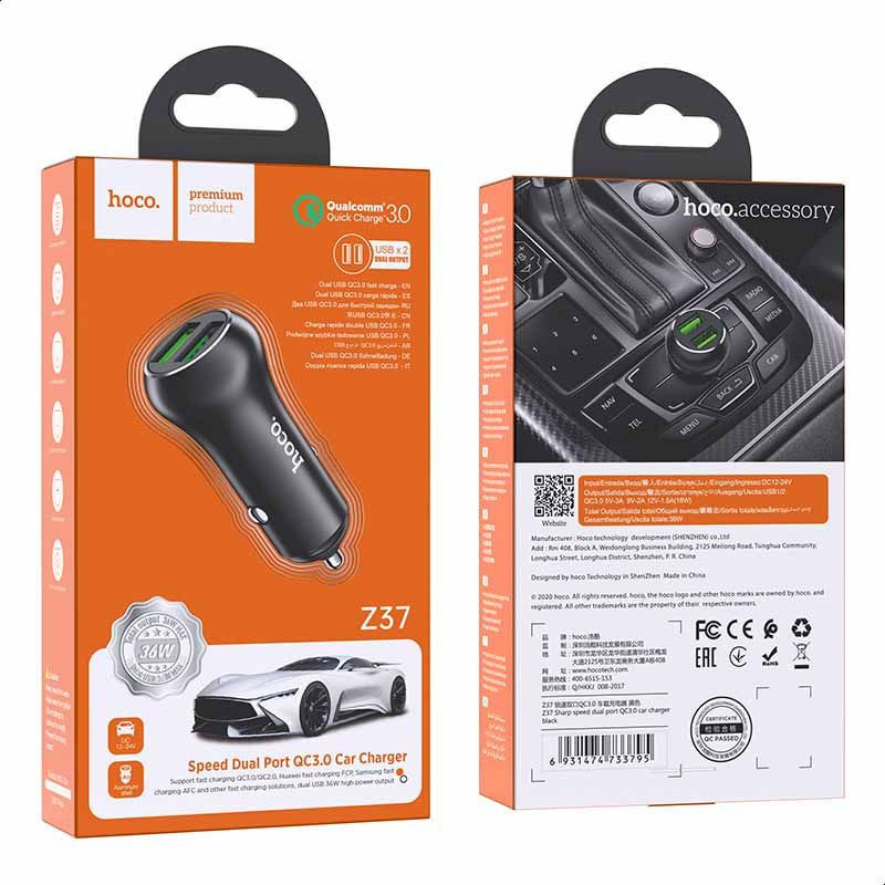 Hoco Z37 Dubbele Auto Oplader Quick Charge 3.0 Zwart afbeelding 6