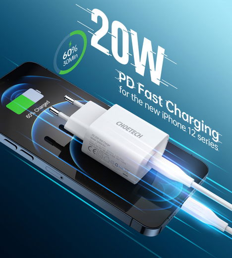 Choetech 20W PD Adapter met USB-C naar Lightning Kabel 1.2 Meter Zwart afbeelding 6