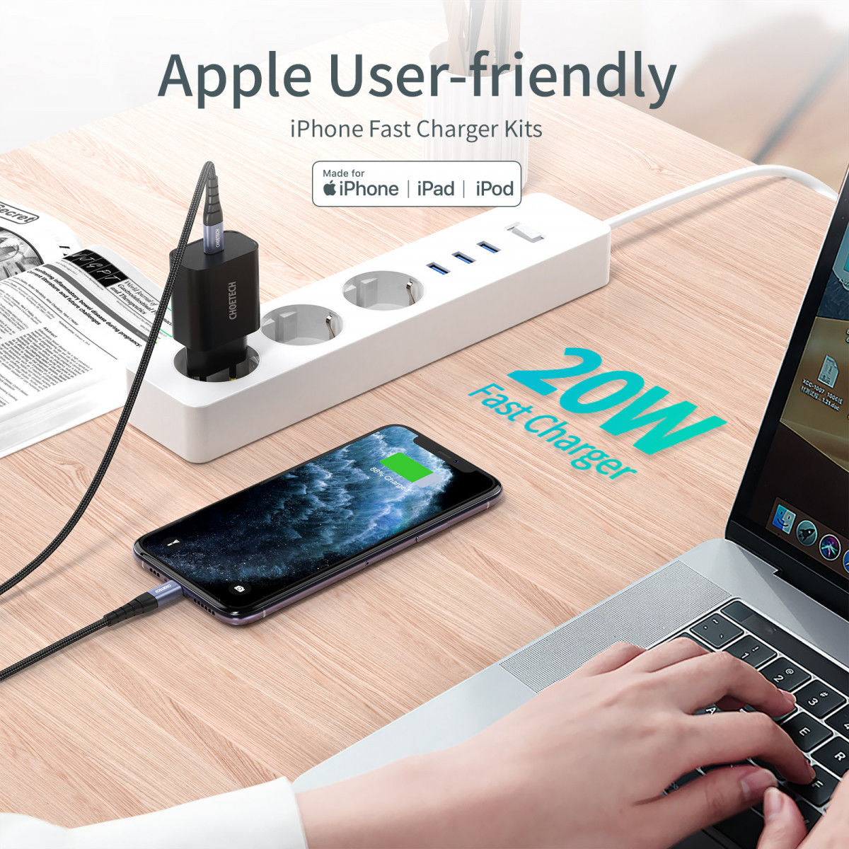 Choetech 20W PD Adapter met USB-C naar Lightning Kabel 1.2 Meter Wit afbeelding 3