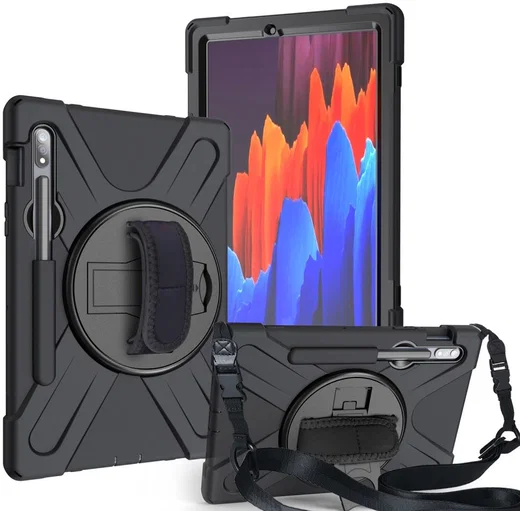 Samsung Galaxy Tab S7 Hybride Kickstand Hoes Handriem en Koord Zwart afbeelding 1