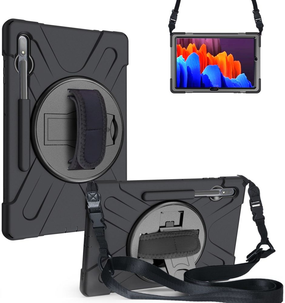 Samsung Galaxy Tab S7+ / S8+ Hybride Kickstand Hoes Handriem Koord Zwart afbeelding 2