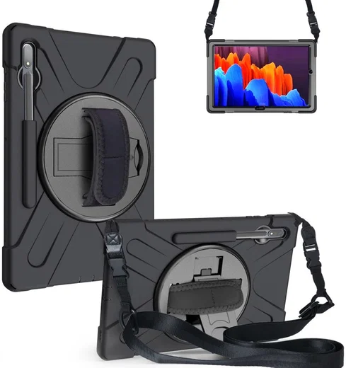 Samsung Galaxy Tab S7+ / S8+ Hybride Kickstand Hoes Handriem Koord Zwart afbeelding 2