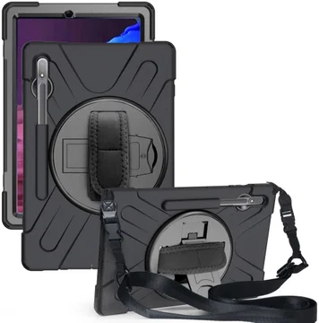 Samsung Galaxy Tab S7+ / S8+ Hybride Kickstand Hoes Handriem Koord Zwart