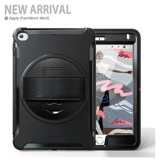 Apple iPad Mini 5/4/3/2/1 Hybride Kickstand Hoesje Handriem Zwart afbeelding 6