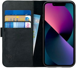 Rosso Deluxe Apple iPhone 13 Mini Hoesje Echt Leer Book Case Zwart afbeelding