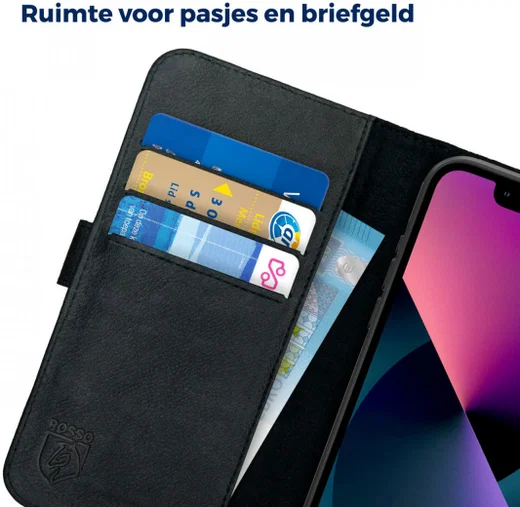Rosso Deluxe Apple iPhone 13 Mini Hoesje Echt Leer Book Case Zwart afbeelding 6