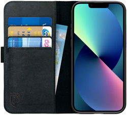Rosso Deluxe Apple iPhone 13 Hoesje Echt Leer Book Case Zwart afbeelding