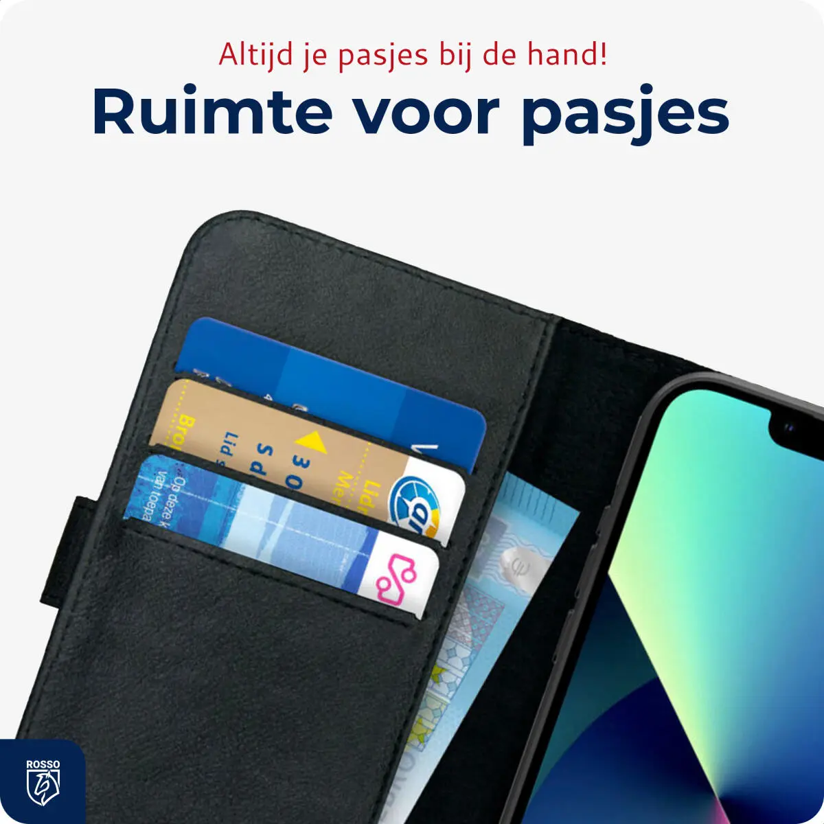 Rosso Deluxe Apple iPhone 13 Hoesje Echt Leer Book Case Zwart afbeelding 6
