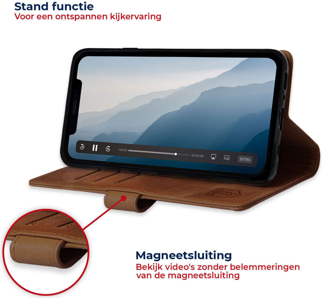 Rosso Deluxe Apple iPhone 13 Pro Max Hoesje Echt Leer Book Case Bruin afbeelding 4