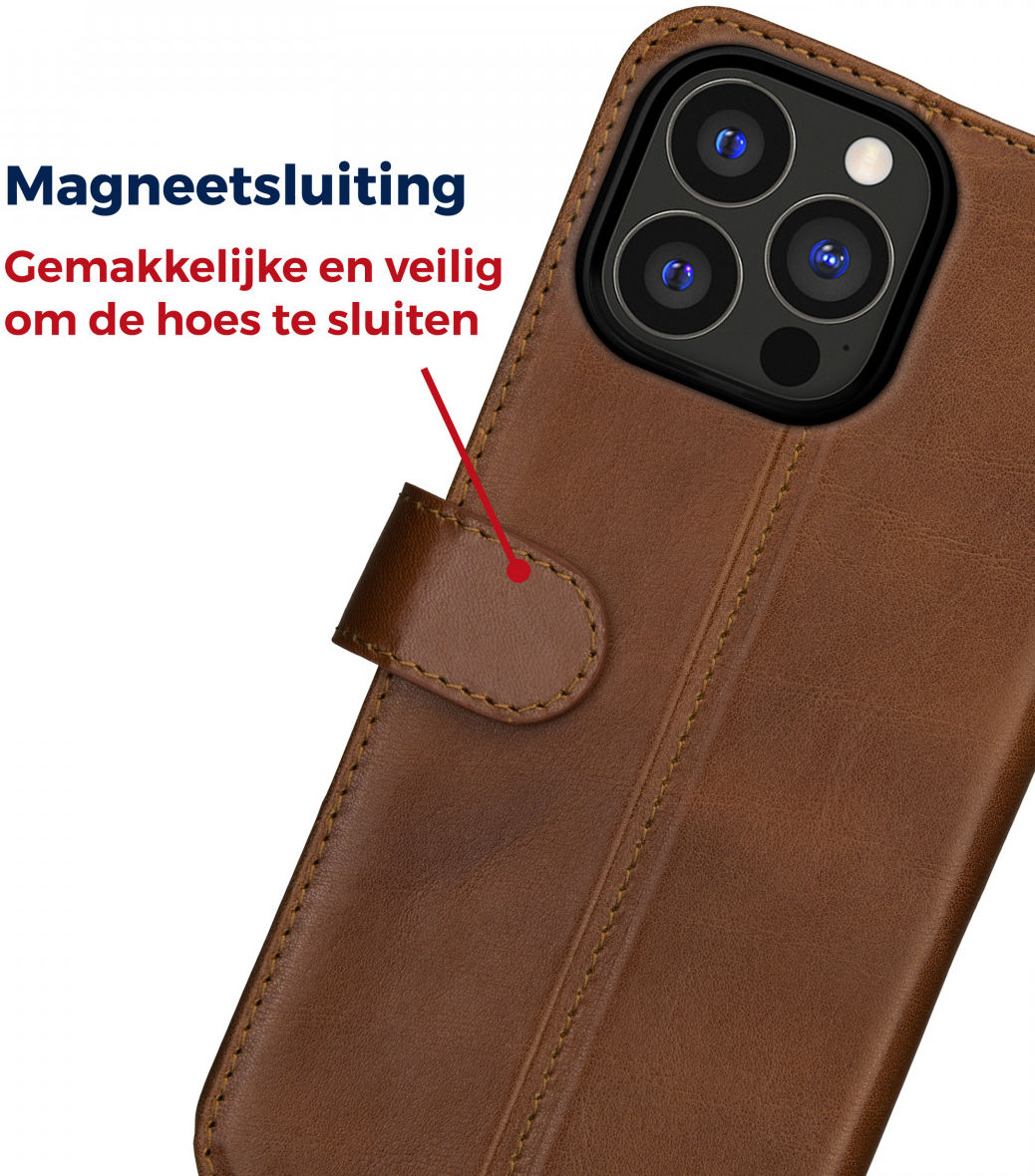 Rosso Deluxe Apple iPhone 13 Pro Max Hoesje Echt Leer Book Case Bruin afbeelding 6