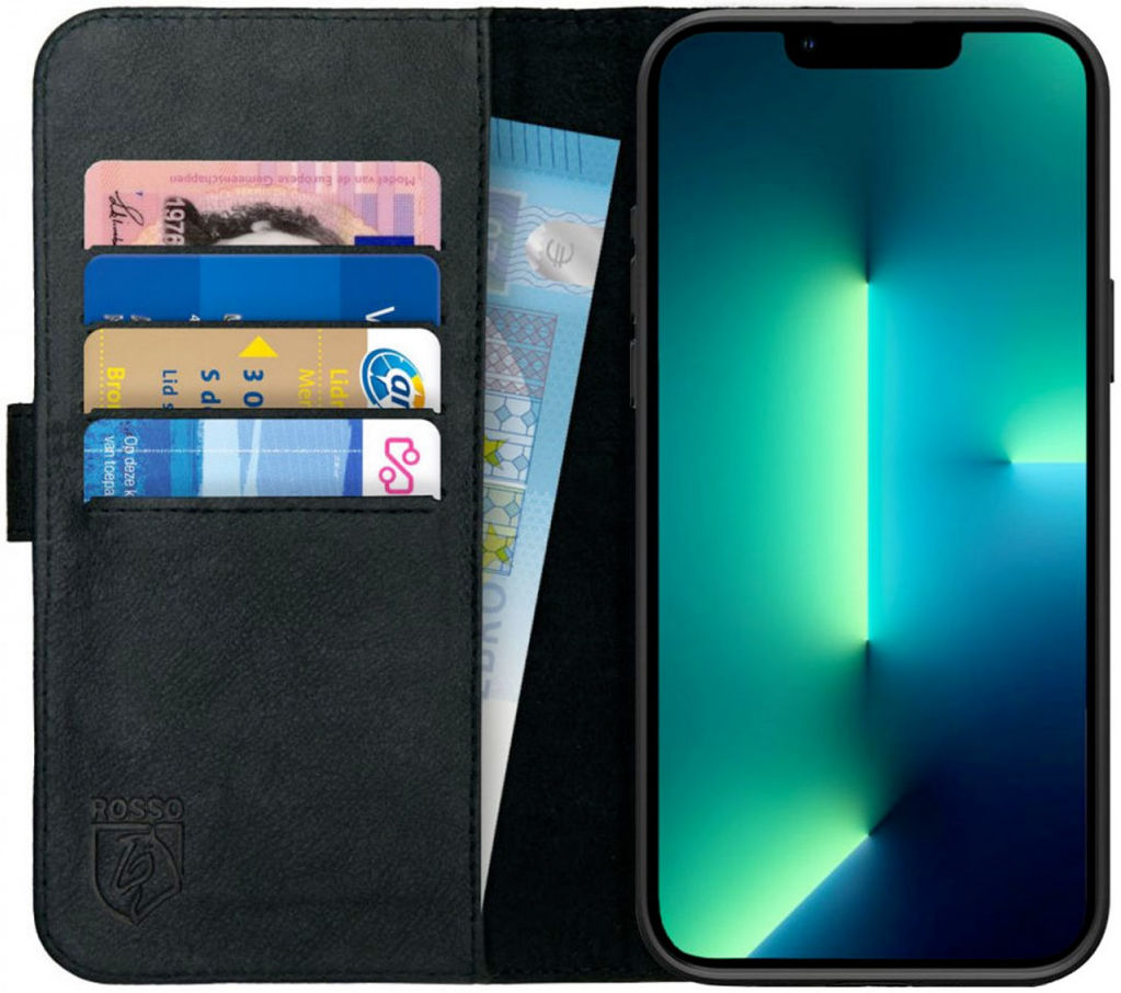 Rosso Deluxe Apple iPhone 13 Pro Max Hoesje Echt Leer Book Case Zwart afbeelding 1