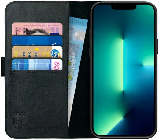 Rosso Deluxe Apple iPhone 13 Pro Max Hoesje Echt Leer Book Case Zwart afbeelding 1