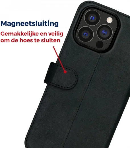 Rosso Deluxe Apple iPhone 13 Pro Max Hoesje Echt Leer Book Case Zwart afbeelding 7