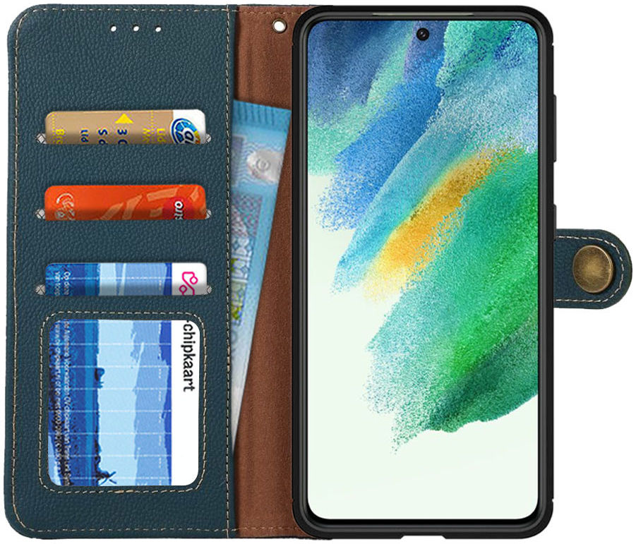 Samsung Galaxy S21 FE Hoesje RFID Portemonnee Bookcase Echt Leer Groen afbeelding 1