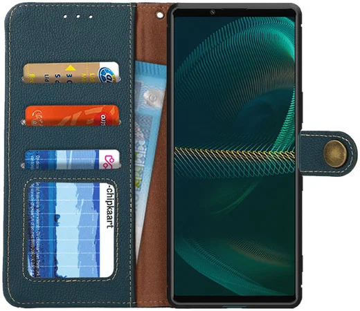 Sony Xperia 5 III Hoesje RFID Portemonnee Book Case Echt Leer Groen afbeelding 1