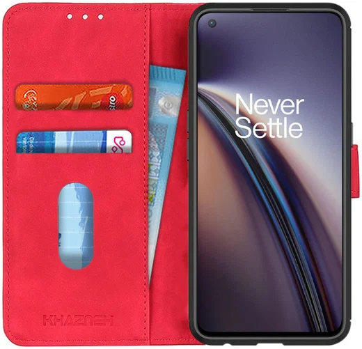 KHAZNEH OnePlus Nord CE 5G Hoesje Retro Wallet Book Case Rood afbeelding 1