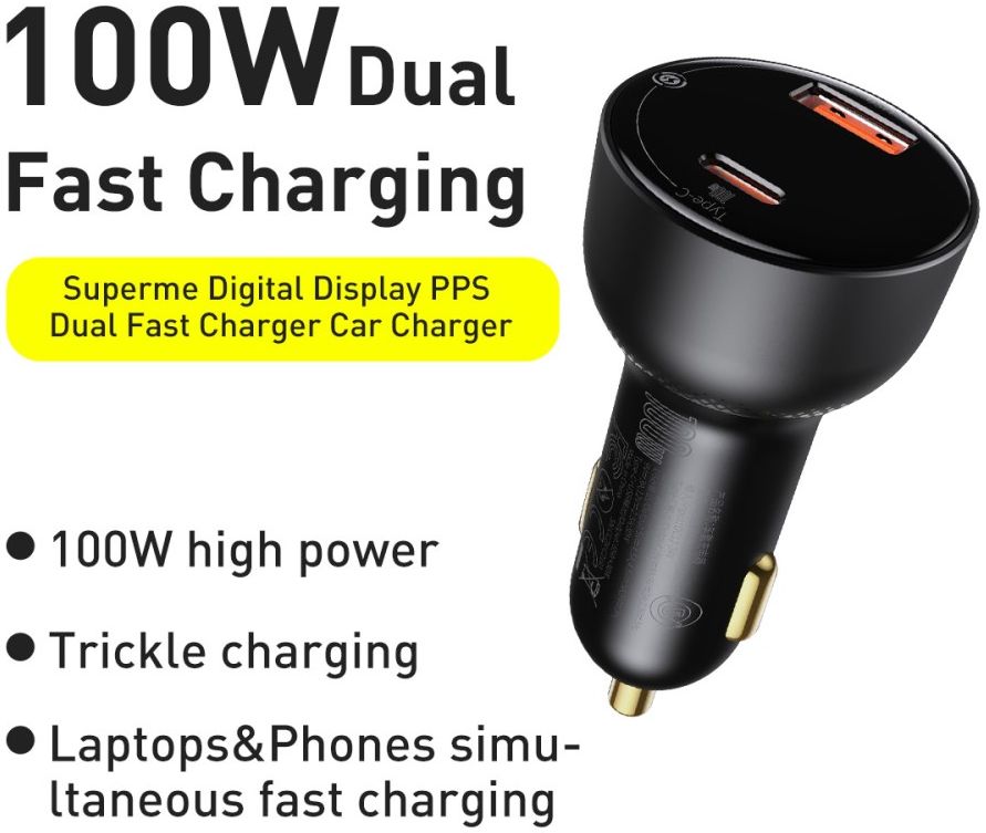 Baseus Superme Autolader USB/USB-C Snellader 100W met USB-C Kabel 1M afbeelding 3