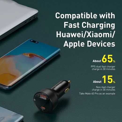Baseus Superme Autolader USB/USB-C Snellader 100W met USB-C Kabel 1M afbeelding 6