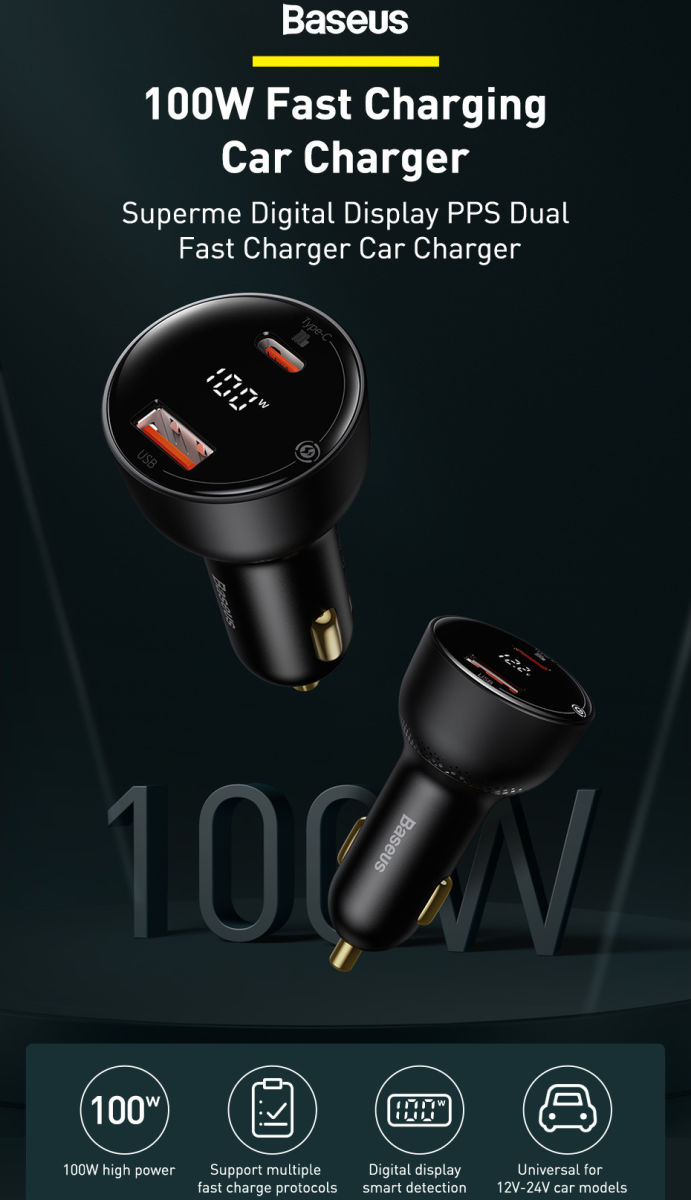 Baseus Superme Autolader USB/USB-C Snellader 100W met USB-C Kabel 1M afbeelding 5
