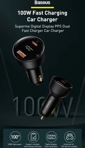 Baseus Superme Autolader USB/USB-C Snellader 100W met USB-C Kabel 1M afbeelding 5