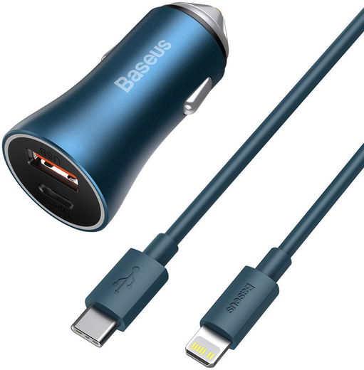 Baseus Fast Charge Autolader 40W PD + Lightning Kabel 1M Blauw afbeelding 1