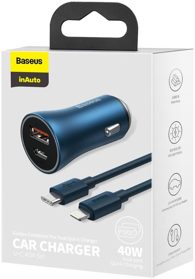 Baseus Fast Charge Autolader 40W PD + Lightning Kabel 1M Blauw afbeelding 9