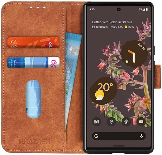 KHAZNEH Google Pixel 6 Pro Hoesje Retro Wallet Book Case Bruin afbeelding 1