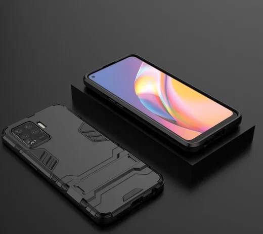 Oppo A94 Hoesje Shock Proof Hybride Back Cover met Kickstand Zwart afbeelding 4