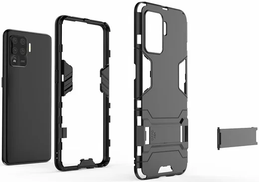 Oppo A94 Hoesje Shock Proof Hybride Back Cover met Kickstand Zwart afbeelding 7