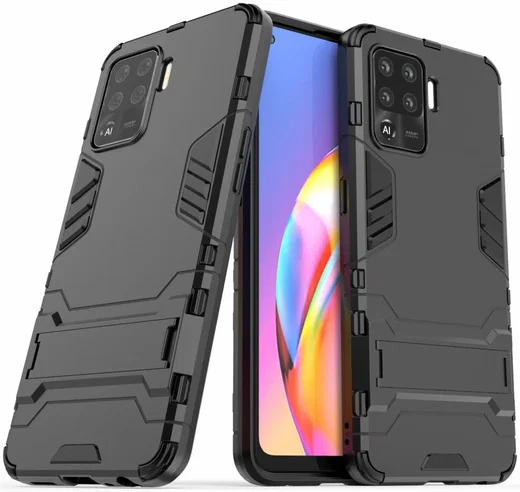 Oppo A94 Hoesje Shock Proof Hybride Back Cover met Kickstand Zwart afbeelding 2