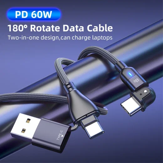 2-in-1 USB-A / USB-C naar USB-C Kabel 60W Power Delivery 2M Zwart afbeelding 4