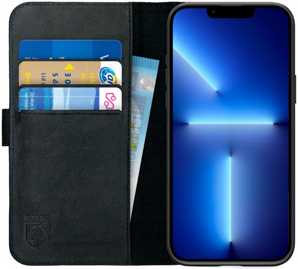 Rosso Deluxe Apple iPhone 13 Pro Hoesje Echt Leer Book Case Zwart afbeelding 1