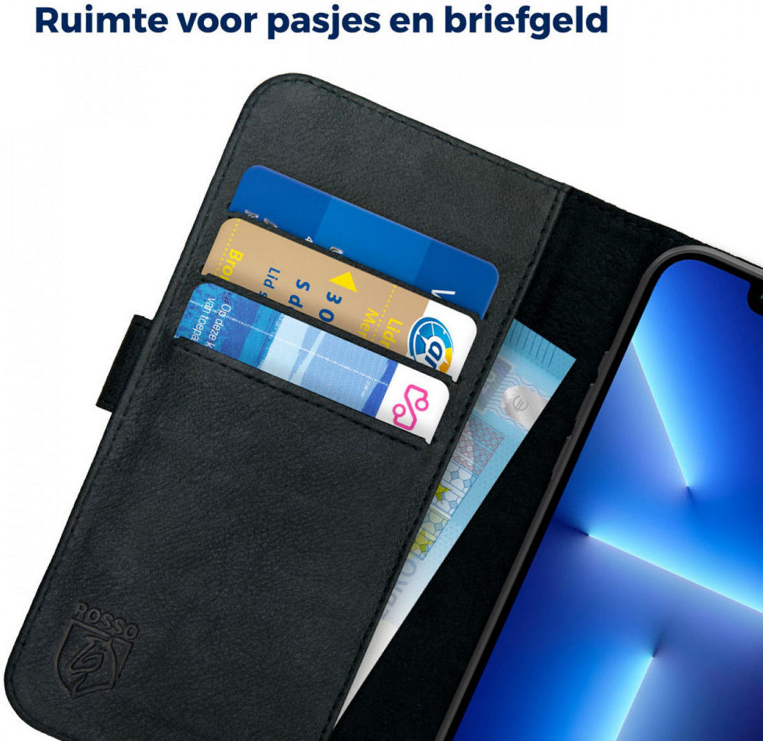 Rosso Deluxe Apple iPhone 13 Pro Hoesje Echt Leer Book Case Zwart afbeelding 6