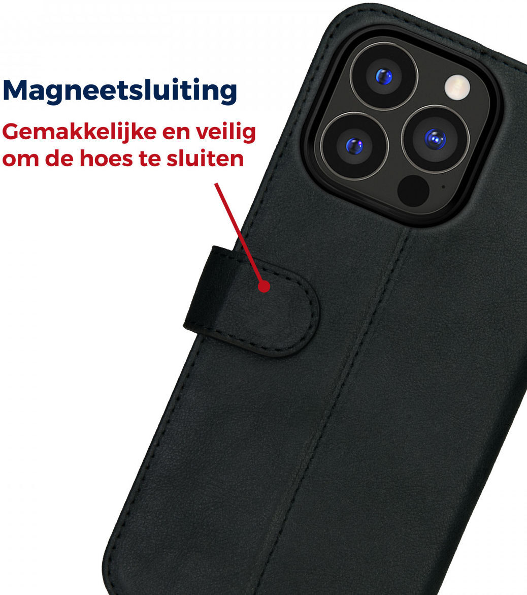 Rosso Deluxe Apple iPhone 13 Pro Hoesje Echt Leer Book Case Zwart afbeelding 7