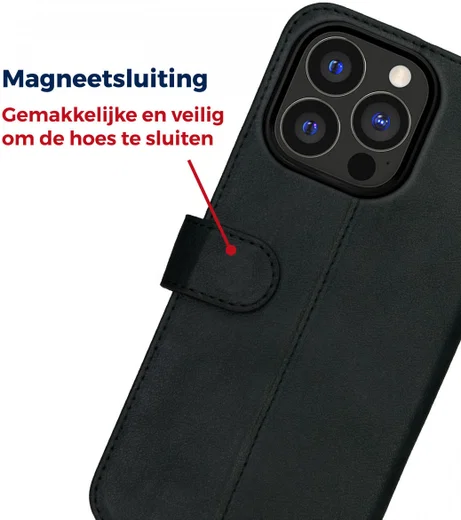 Rosso Deluxe Apple iPhone 13 Pro Hoesje Echt Leer Book Case Zwart afbeelding 7