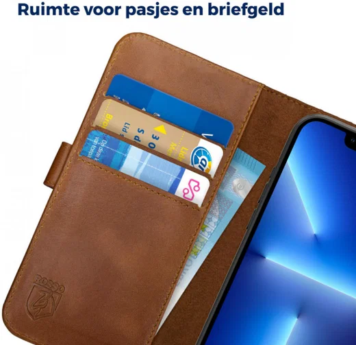 Rosso Deluxe Apple iPhone 13 Pro Hoesje Echt Leer Book Case Bruin afbeelding 6