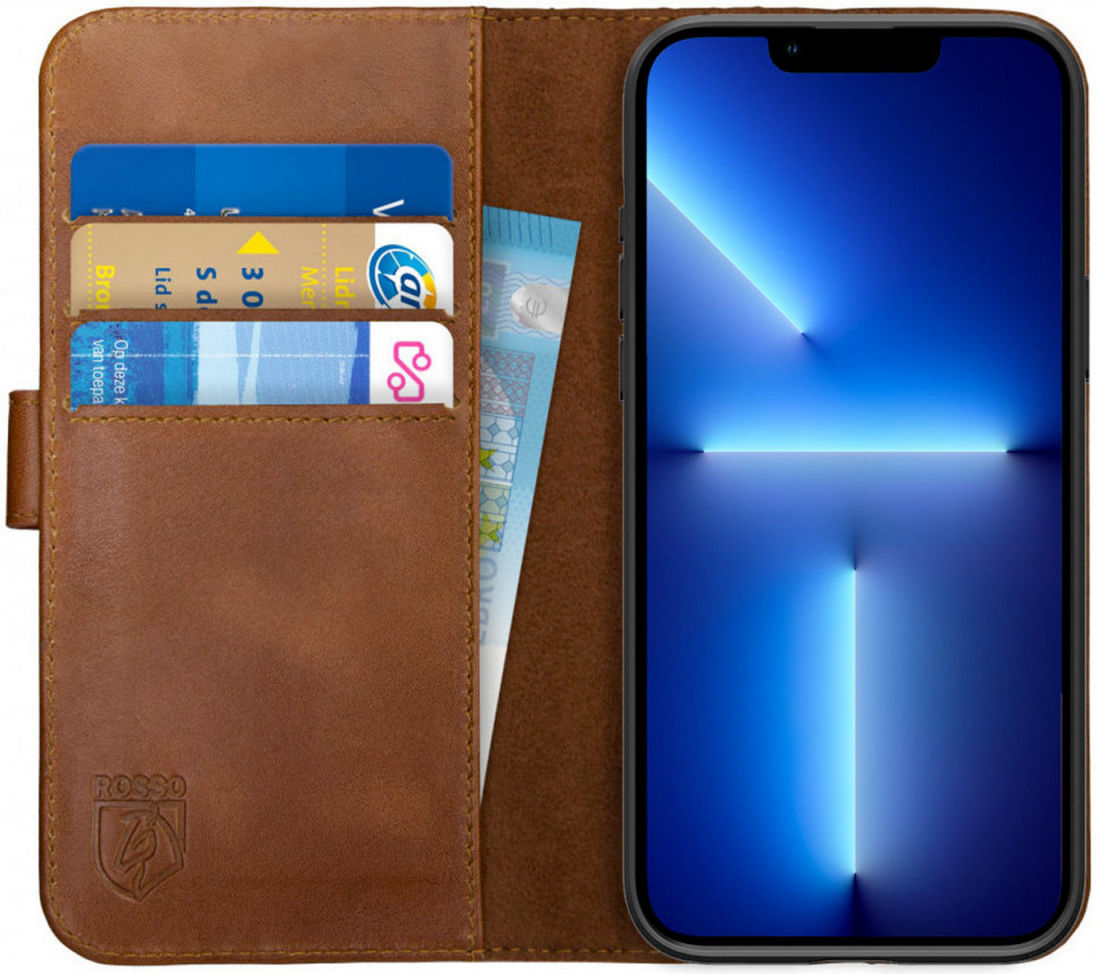 Rosso Deluxe Apple iPhone 13 Pro Hoesje Echt Leer Book Case Bruin afbeelding 1