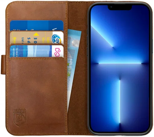 Rosso Deluxe Apple iPhone 13 Pro Hoesje Echt Leer Book Case Bruin afbeelding 1