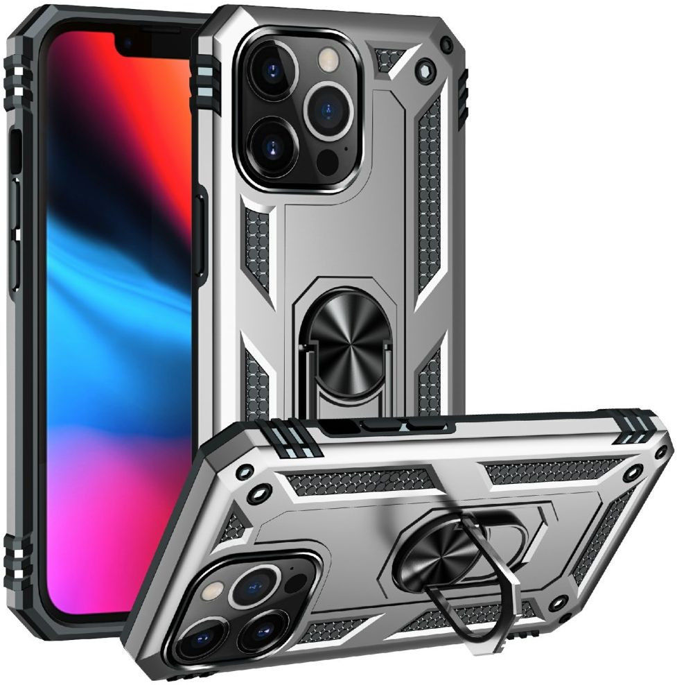 Apple iPhone 13 Pro Hoesje Hybride Kickstand Back Cover Zilver afbeelding 2