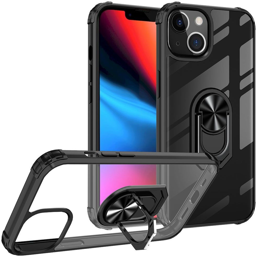 Apple iPhone 13 Hoesje Hybride Kickstand Back Cover Transparant/Zwart afbeelding 3