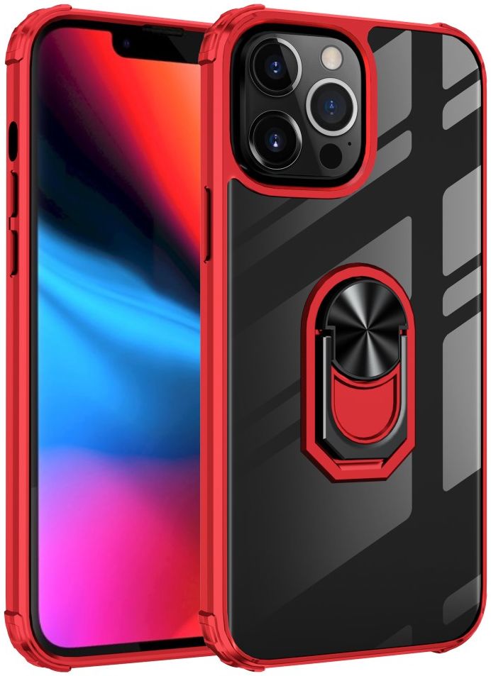 Apple iPhone 13 Pro Hoesje Hybride Kickstand Cover Transparant/Rood afbeelding 1