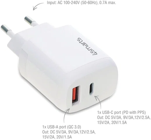 4smarts DoublePort 30W USB-A QC en USB-C Power Delivery Adapter Wit afbeelding 3