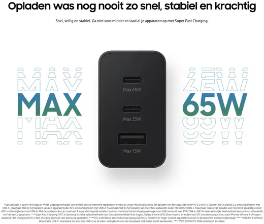 Originele Samsung Trio 65W Power Adapter USB-C / USB Snellader Zwart afbeelding 4