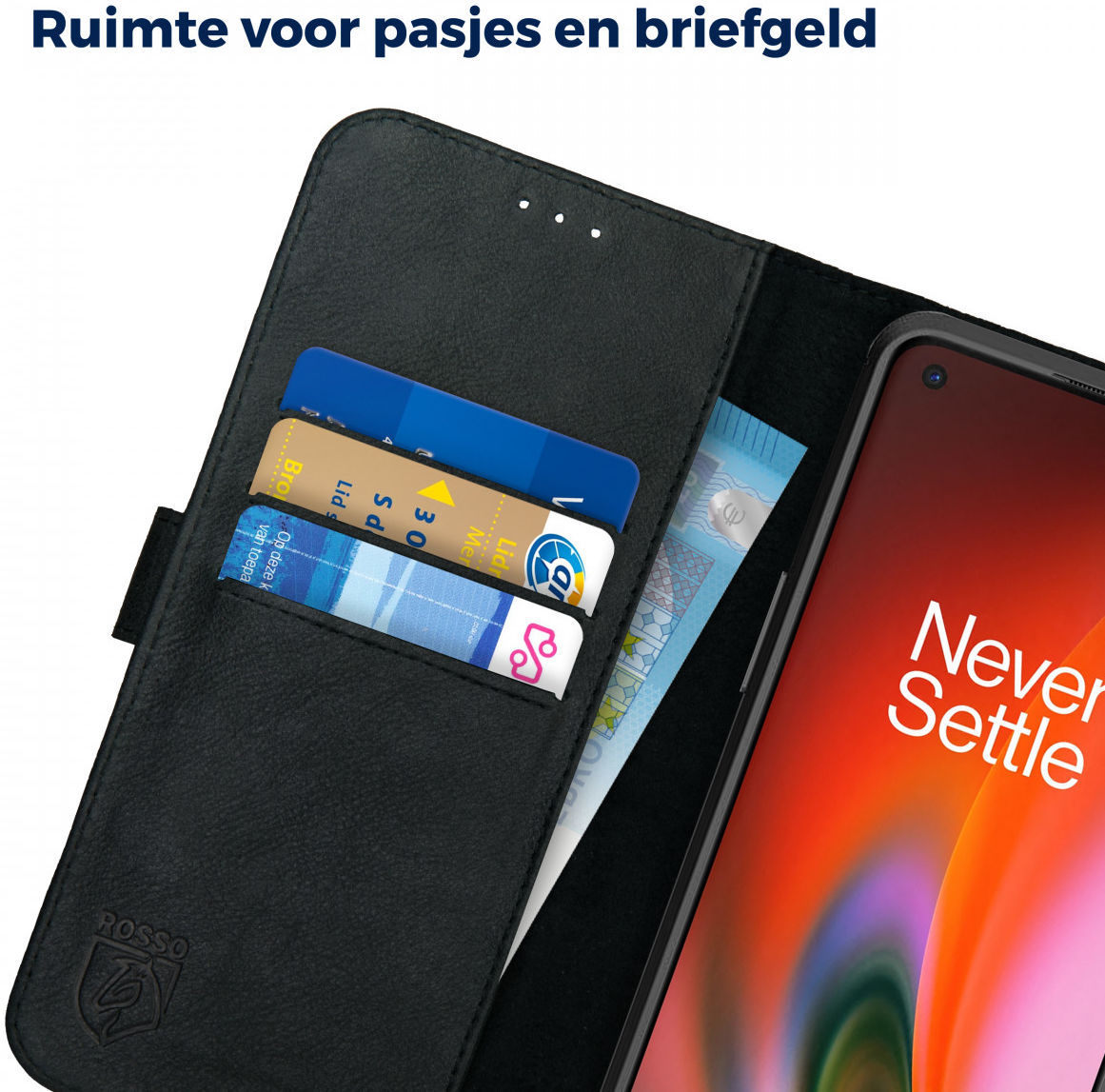 Rosso Deluxe OnePlus Nord 2 5G Hoesje Echt Leer Book Case Zwart afbeelding 5